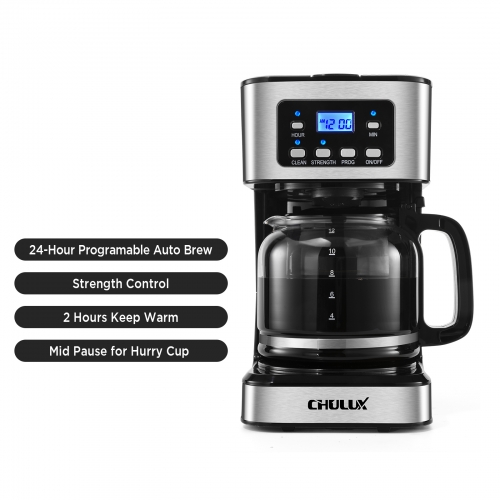 CHULUX 24-Hour Programmable Drip Coffee Machine with LCD Screen and 12 Cup(60  OZ )Glass Carafe,Brew Strength Control,2-Hour Keep Warm,Auto Shut Off