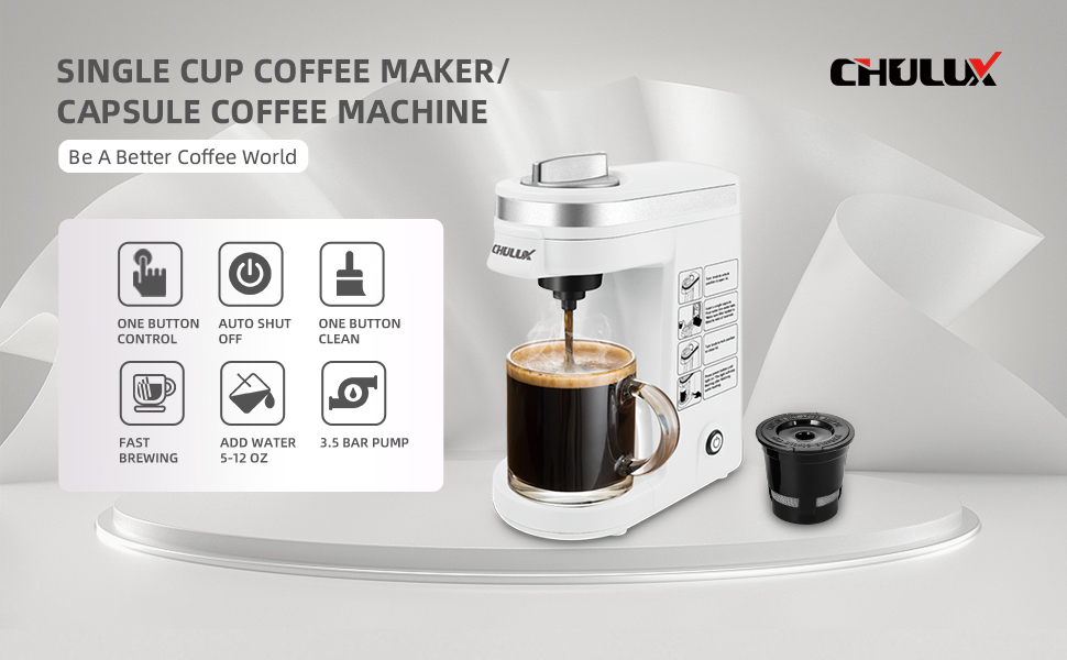 CHULUX Single Cup Coffee Maker Brewer,One Touch Function Compact Pod Mini  Coffee Machine with Reusable Coffee Filter Cup,White