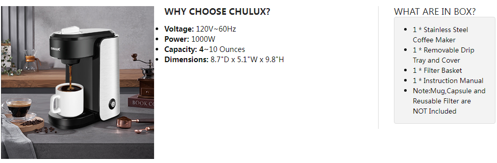  CHULUX Single Serve Coffee Maker, 1000 Watts Single