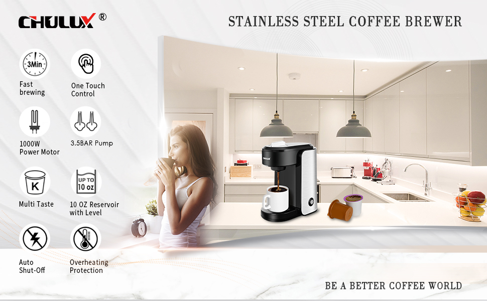 CHULUX Stainless Steel Single Serve Coffee Maker with Reusable Coffee  Filters,Visiable Gradient Water Reservoir,One Button Operation and Auto  Shut