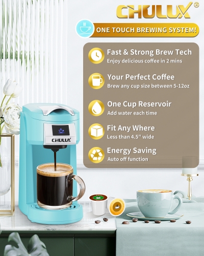 CHULUX Single Cup Coffee Maker Machine,12 Ounce Pod Coffee Brewer,One Touch  Function for Brewing Capsule or Ground Coffee,Cyan