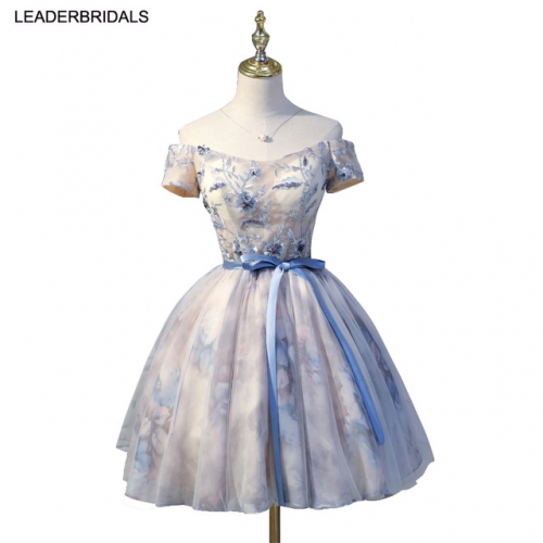 Floral Print Short Prom Dresses Plus Size Knee Length Vestidos De Festa Lace Beadeds Blue Silver Party Cocktail Dress 2018 CZ02