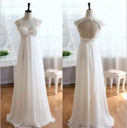 New Style Wedding Dress Cap Sleeves Lace Applique Beading Wedding Gown Beach Chiffon Empire Bridal Gown WZ41