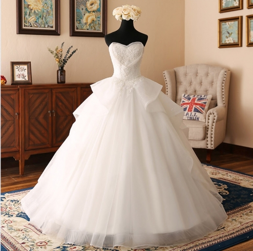 New Style  Satin Organza Wedding Dress Strapless Lace Applique Beaded Ball Gown Bridal Dress WZ43