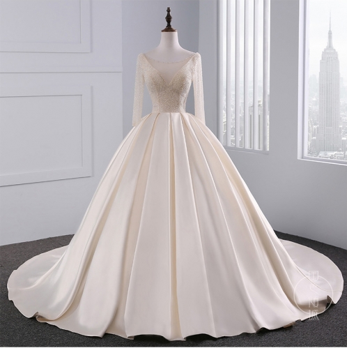 New Style Satin Ruffles Wedding Dress Long Sleeves Beaded Ball Gown Bridal Dress WZ45