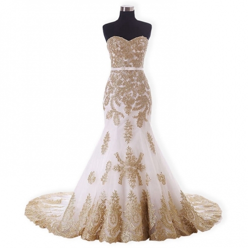 New Style Mermaid Wedding Dress Gold Lace Applique Bridal Dresses WZ56