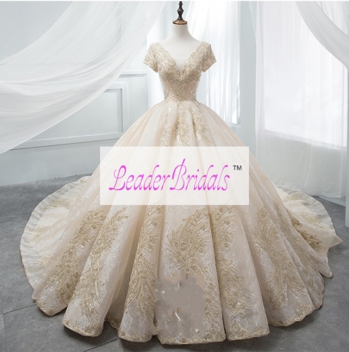 Champagne Glitter Wedding Dress Custom Short Sleeves  Bridal Ball Gowns LB191