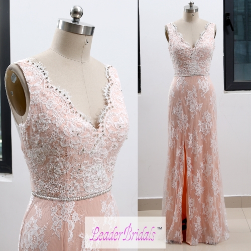 Custom Made Double Straps V-neck Pink Lace Beading Backless Evening Dress EZ31