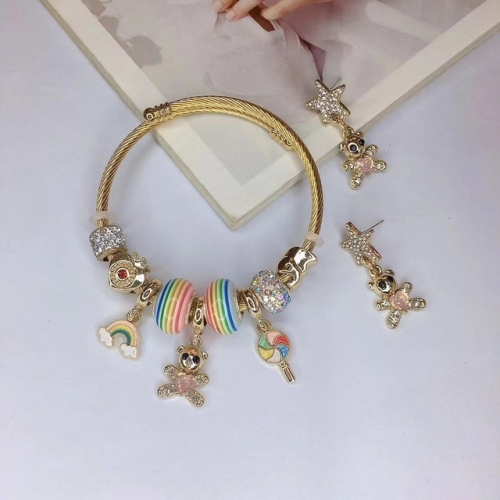 Stainless Steel Set(Bracelet+Earrings) with alloy copper charms-DN221010-P15IK (1)