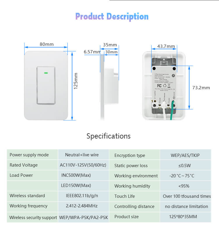 KS-602 US Wireless Smart Light Switch,15A US standard,Home Automation,Smart  Home and Remote Wifi Control,ETL Certificate