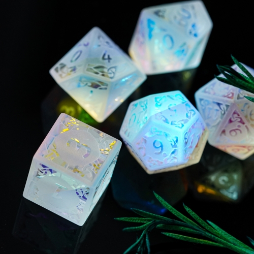 Frosted  Dichroic Glass Dice Set With Hexagonal Leather Box