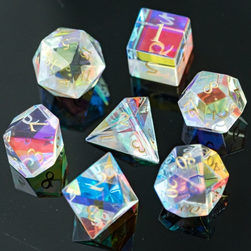 Dichroic Glass Dice Set With Hexagonal Leather Box