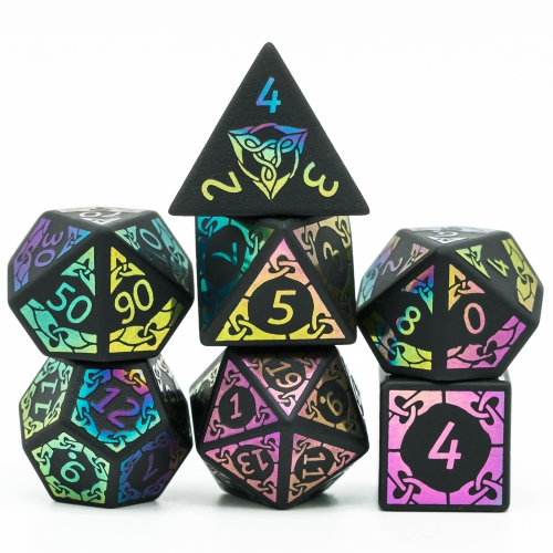 Obsidian Rainbow Font Gemstone Dice Set With Hexagonal Leather Box