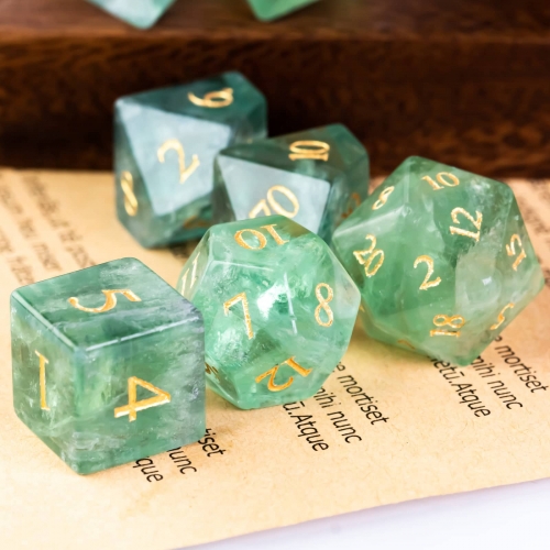 Cusdie 7-Die Handmade Green Fluorite Stone Dice, 16mm Polyhedral Stone Dice Set with Leather Box, DND Dices for Collection