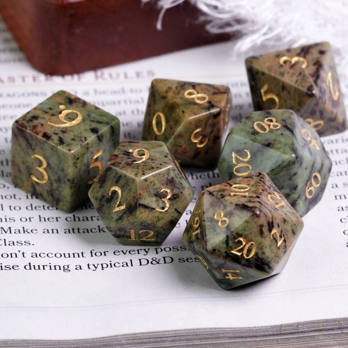 Cusdie 7Pcs/Set Handmade Jasper Stone Dice Set, 16mm Polyhedral DND Dice Set with Leather Box, DND Dices for Collection