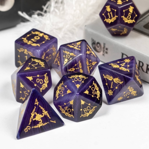 Cusdie Set of 7 Handmade Agate Dice, 16mm Polyhedral Stone Dice Set with Leather Box, DND Dices for Collection-Blue Texture