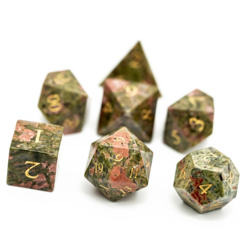 Cusdie Set of 7 Handmade Unakite Stone Dice, 16mm Polyhedral Stone Dice Set with Leather Box, DND Dices for Collection