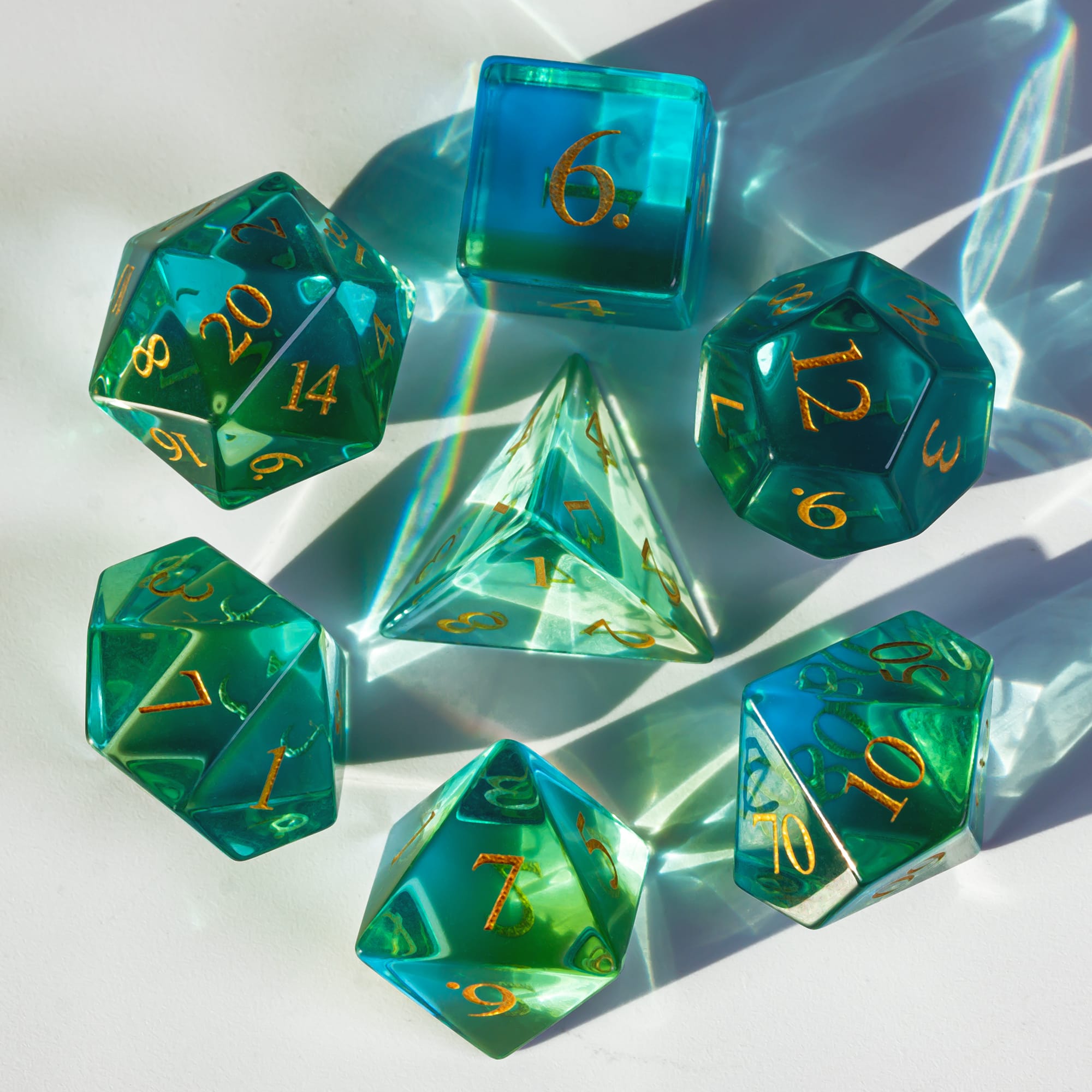 Cusdie Set of 7 Coloured Glaze Dice, 16mm Polyhedral Stone Dice Set with Leather Box, DND Dices for Collection