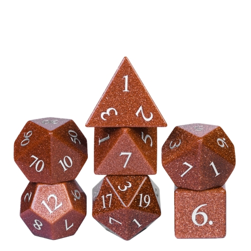 Cusdie 7-Die Handmade Goldstone DND Dice, 16mm Polyhedral Stone Dice Set with Leather Box, DND Dice Set for Collection