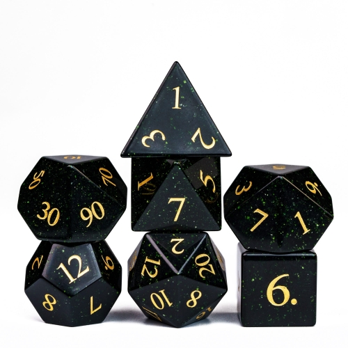 Cusdie 7Pcs/Set Handmade Green Sandstone Dice Set, 16mm Polyhedral DND Dice Set with Leather Box, DND Dices for Collection