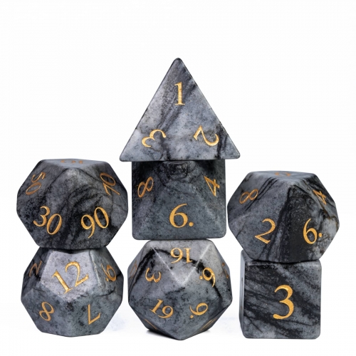Cusdie 7Pcs/Set Handmade Black Strips Stone Dice Set, 16mm Polyhedral DND Dice Set with Leather Box, DND Dices for Collection