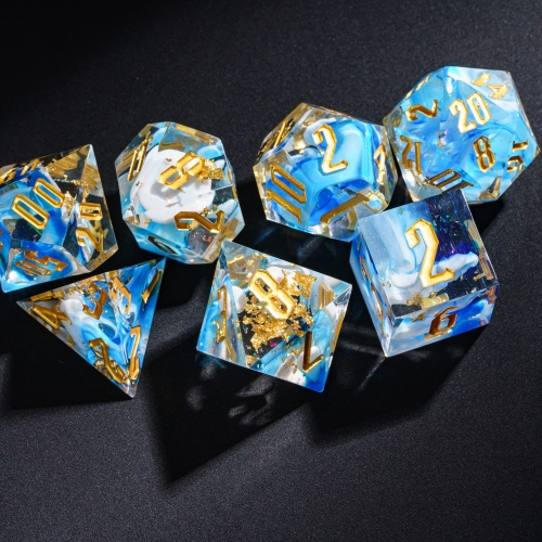 Cheungshing 7-Piece Handcrafted Stone DND Dice Set - Indian Agate Polyhedral Dice, Golden Numbers, Gift Box & Velvet Bag