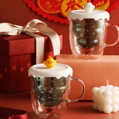 high borosilicate christmas double wall glass coffee hot chocolate mug cup with silicone lid