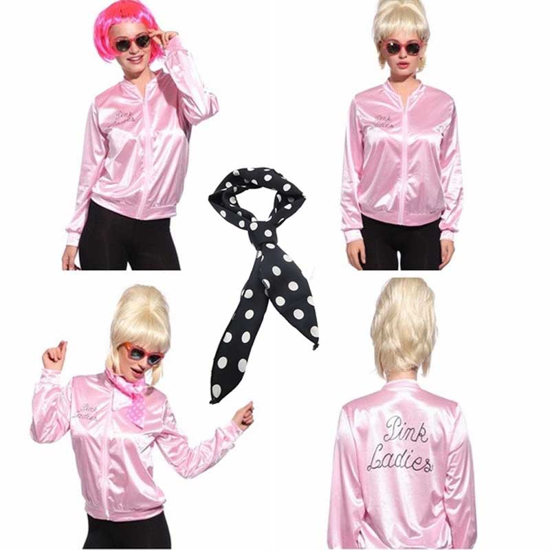 Takerlama In Stock Pink Ladies Jacket Grease 2 Sandy Cosplay Costume With Scarf