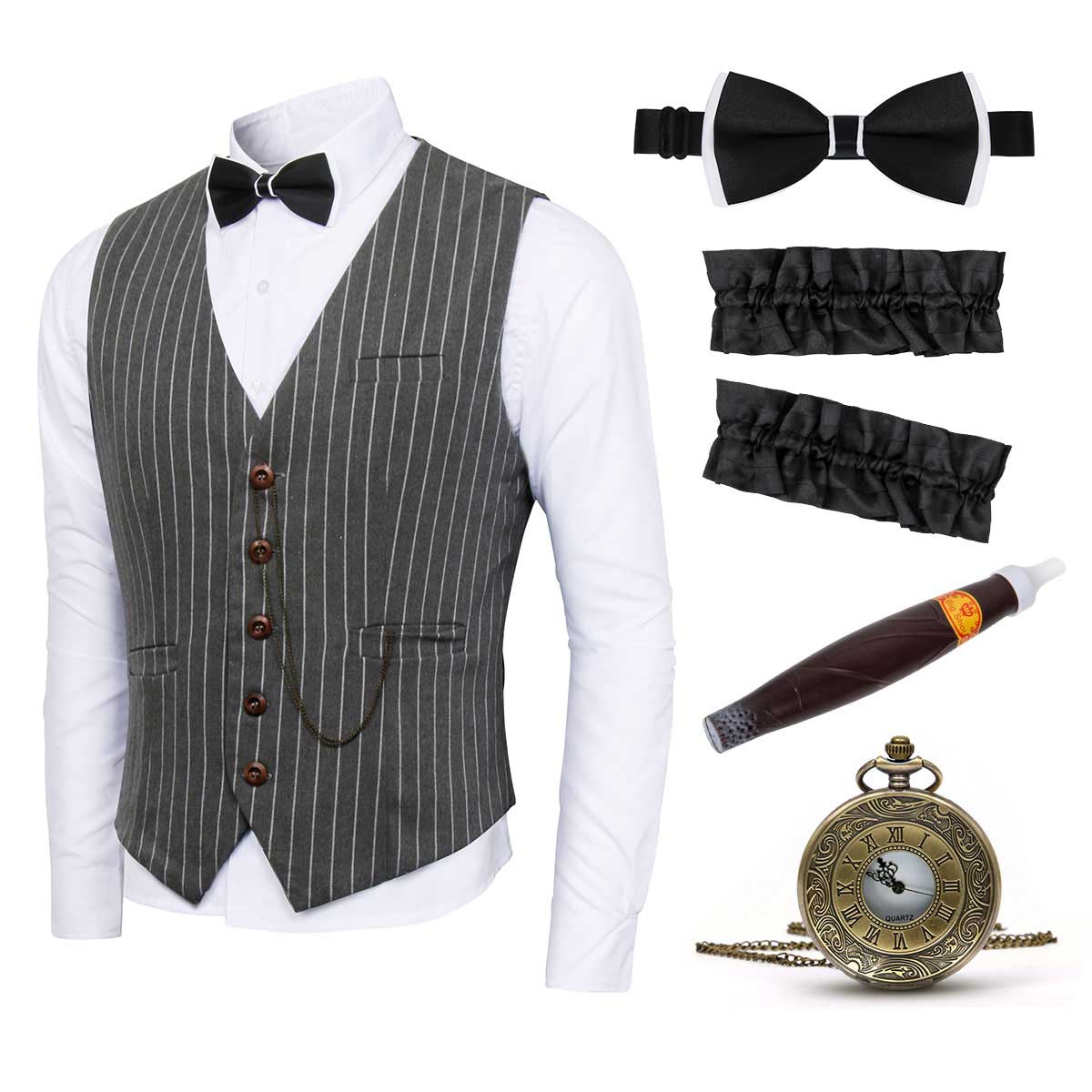 Mens 1920s Gangster Stripe Vest Set Costume Accessories for Gatsby Party