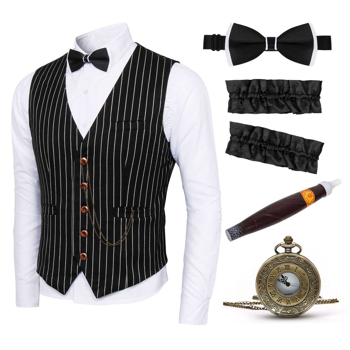 Mens 1920s Gangster Stripe Vest Set Costume Accessories for Gatsby Party