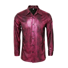 DORMUS 70s Disco SnakeSkin Shirt Men Printed Night Club Wear Red Long Sleeve Button Down Slim Fit Shiny Fashion Costume