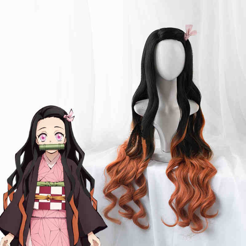 Nezuko Kamado Long Wavy Cospaly Synthetic Wig Anime Demon Slayer Kimetsu no Yaiba-Takerlama