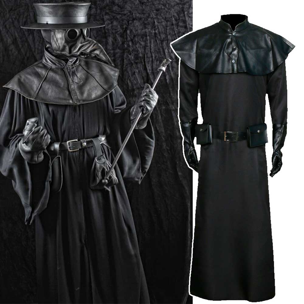 Plague Doctor Schnabel Halloween Cosplay Costume Medieval Steampunk Black Robe Gothic Gown Masquerade Long Beak Bird Outfit-Takerlama