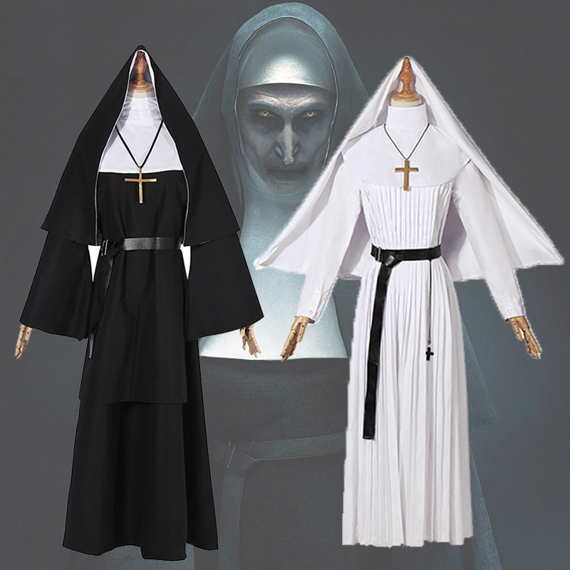 The Nun Demon Valak Cosplay Costume Dress Scary Halloween Suit Robe Women Adult Black White-Takerlama