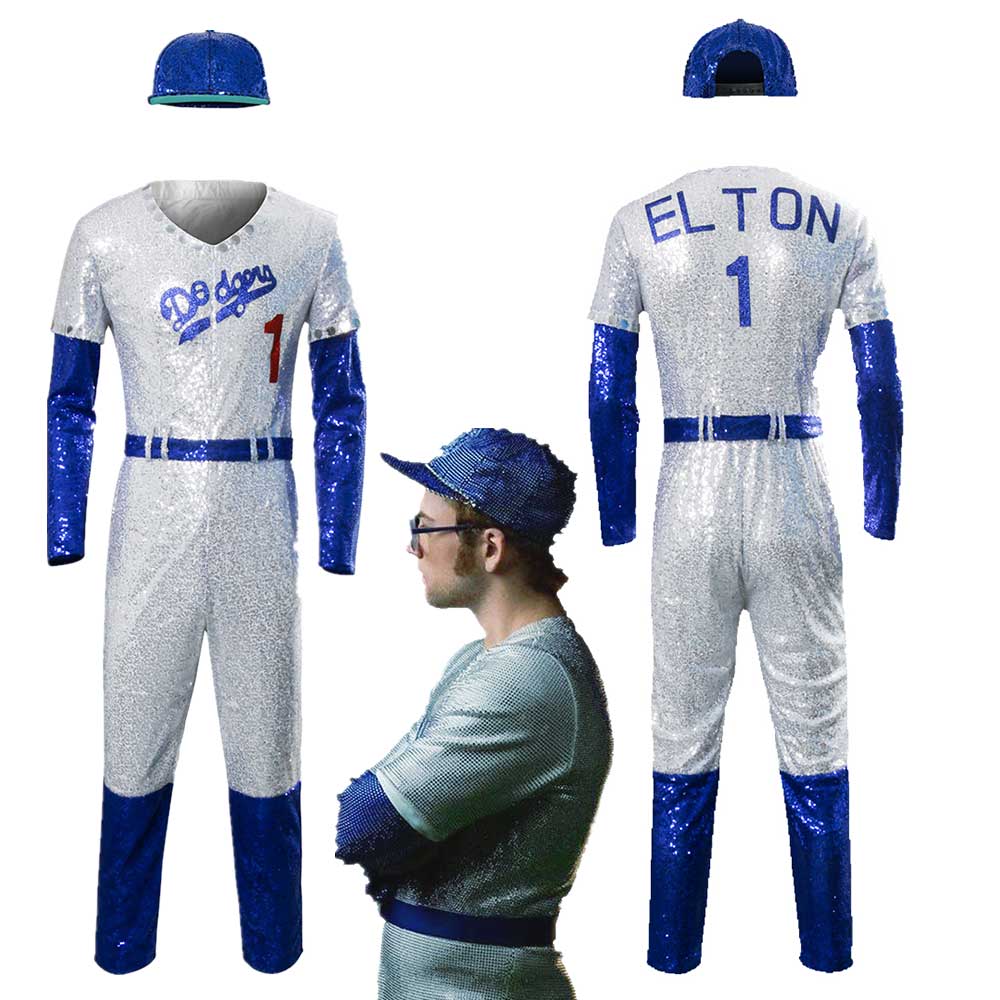 Rocketman Elton John Dodgers Cosplay Costume Baseball Uniform Jumpsuit Cap  Full Set Adult Boys Men Halloween Carnival Costume