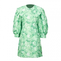 Women Bubble Sleeve Vintage Green Short Dress