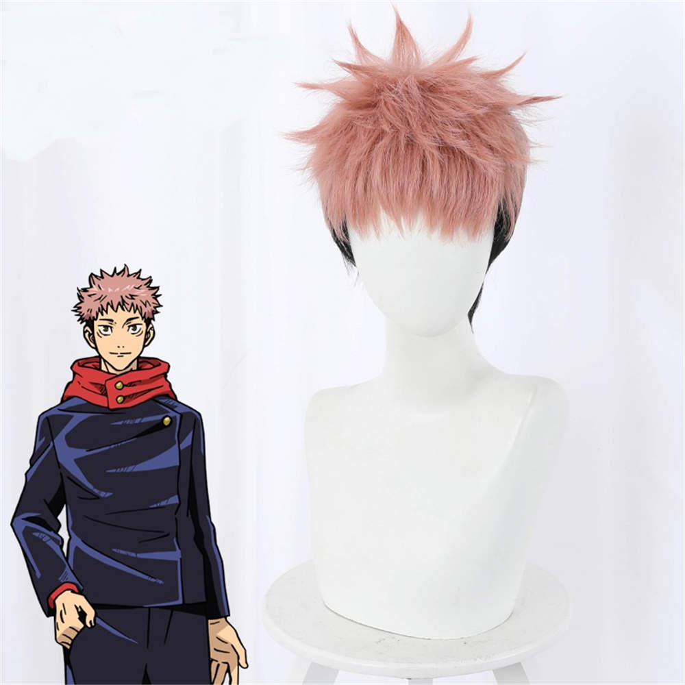 Anime Jujutsu Kaisen Cosplay Hair Yuji Itadori Wig + Free Wig Cap Color Pink Black Short Wigs -Takerlama