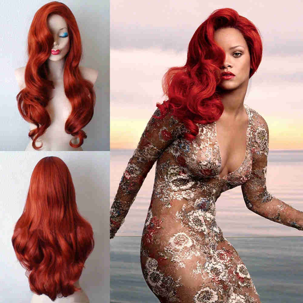 Long Curly Red Jessica Rabbit Cosplay Wig Synthetic Hair With Big Swap Bangs-Takerlama