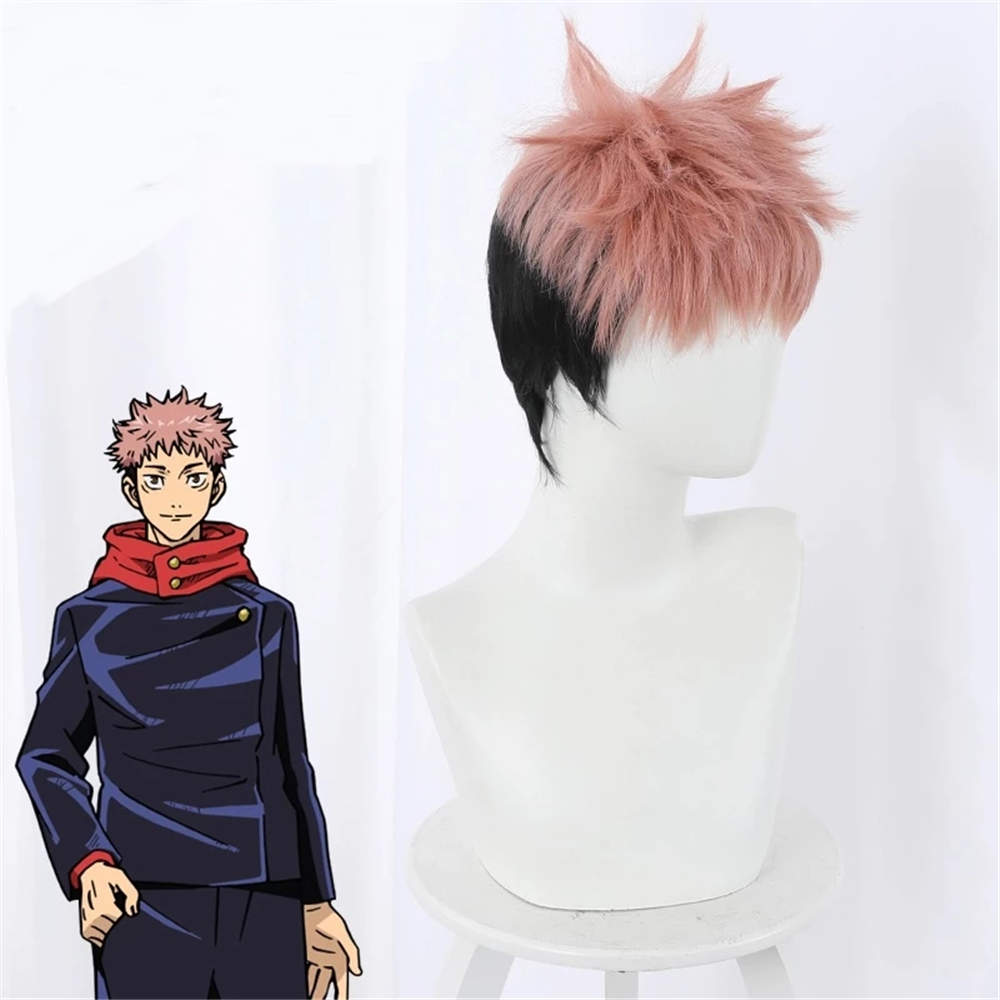 Anime Jujutsu Kaisen Cosplay Hair Yuji Itadori Wig + Free Wig Cap Color Pink Black Short Wigs -Takerlama