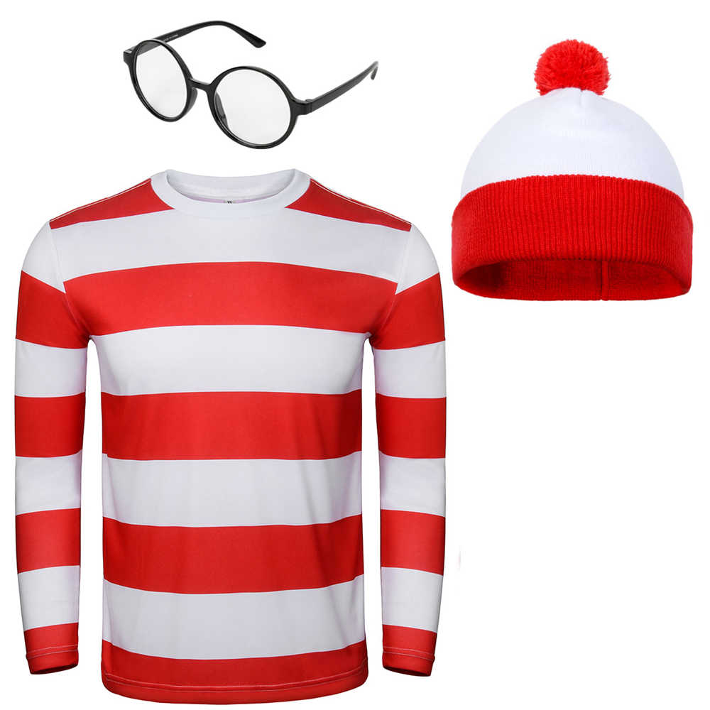 Where's Wally Cosplay Costume Adults Waldo Red White Striped T-Shirt Glasses Hat Christmas Cosplay Outfit Xmas Gifts-Takerlama