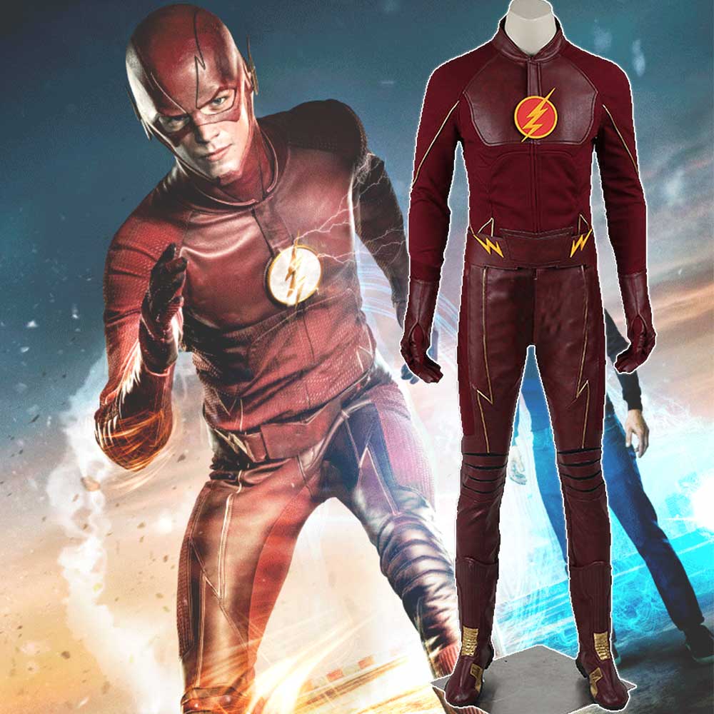 Leather The Flash Season 2 Barry Allen Cosplay Costume Top Trousers Gloves Mask Wristband Belts