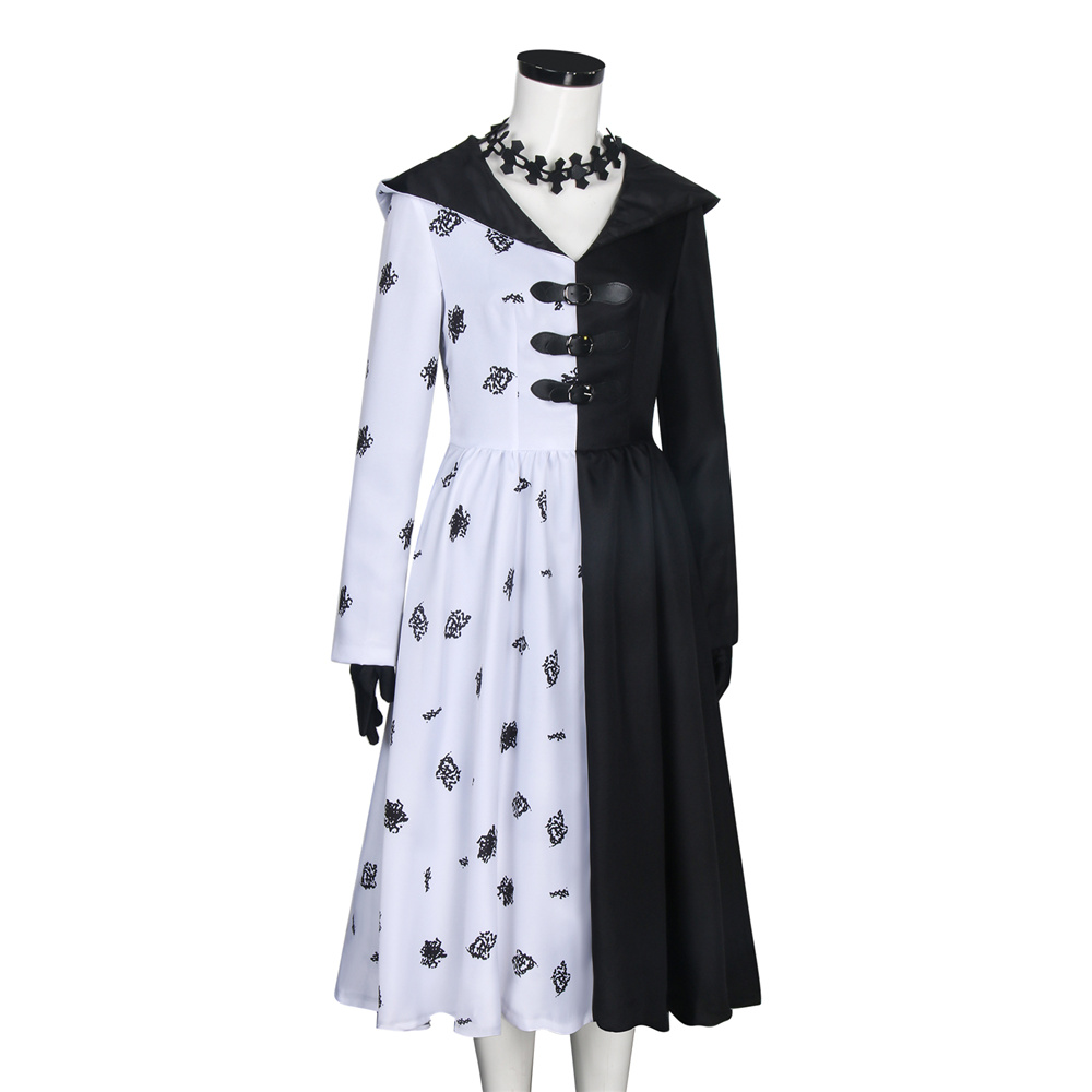 101 Dalmatians Cruella De Vil Black White Dress Gloves Cosplay