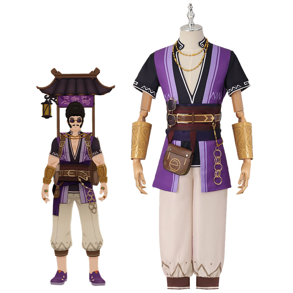 Game Genshin Impact NPC Liben Purple Cosplay Costume Bag Ring Pants Takerlama