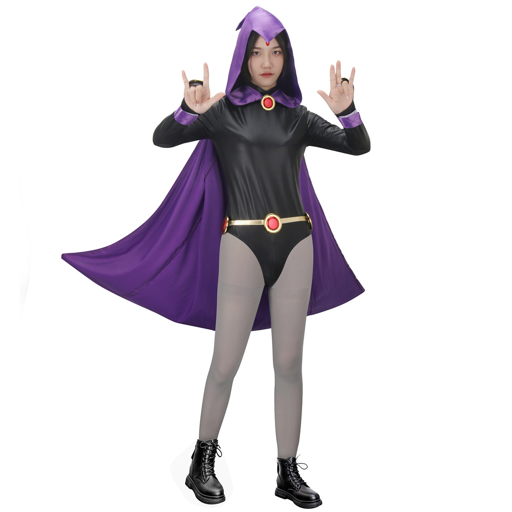 DC Teen Titans Raven Costume Women Halloween Superhero Cosplay Cloak  Jumpsuit-Takerlama