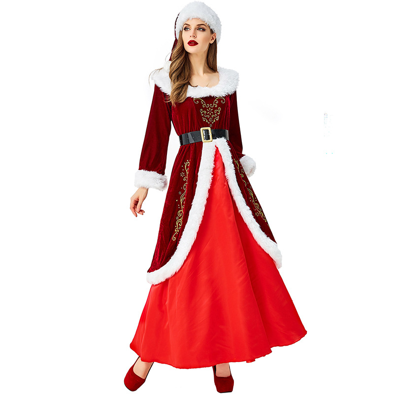 Mrs Santa Claus Party Fancy Long Dress Christmas Cosplay Costumes Hat Women's Retro Style Outfits -Takerlama