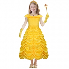 Girl Princess Belle's Yellow Gown Beauty and the Beast Layered Off Shoulder Birthday Party Fancy Dress