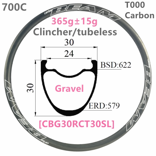 [CBG30RCT30SL-700C] T1000 Only 365g NEW CX Gravel Bike 30mm Depth 700C Carbon Fiber Road Rim Tubeless Clincher carbon rims