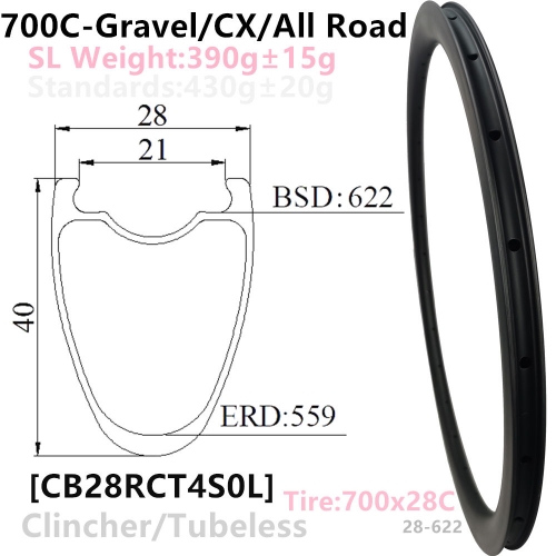 [CBG28RCT40SL] Carbonbeam Lifewarranty Only T800 390g NEW CX/Gravel Bike 28mm wide internal 21mm Depth 40mm 700C Carbon Clincher Tubeless Compatible c