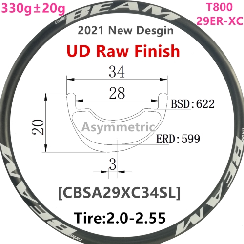 [CBSA29XC34SL] 2021 New Desgin UD Raw Finish Only 330g T1000 34mm Width 20mm Depth Asymmetric 29er Carbon Fiber Mountain Bike wheel Hookles Tubeless