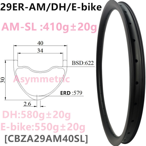 [CBZA29AM40SL] Premium Asymmetreic 410g AM 40mm Width 30mm depth 29er Carbon Fiber Mountain Bike Hookless Tubeless Compatible Downhill mtb rims